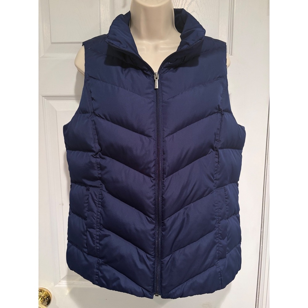 Lands End Womens Navy Blue Down Puffer Vest Chevron Quilted Size M 10-12 488144